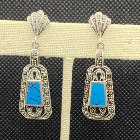 Jewelry - Vintage Sterling Silver 925 Turquoise & Marcasite Art Deco Dangle Earrings 1.75"